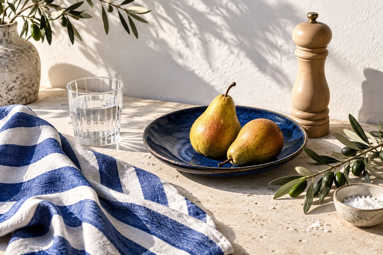 Composition illustrative d’une table avec du linge bleu, des verres et des objets du quotidien